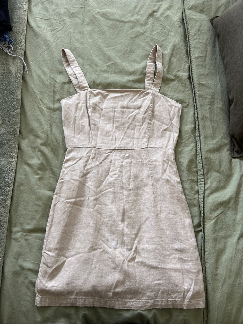 Linen-Blend Square Neck Mini Dress in Light Beige